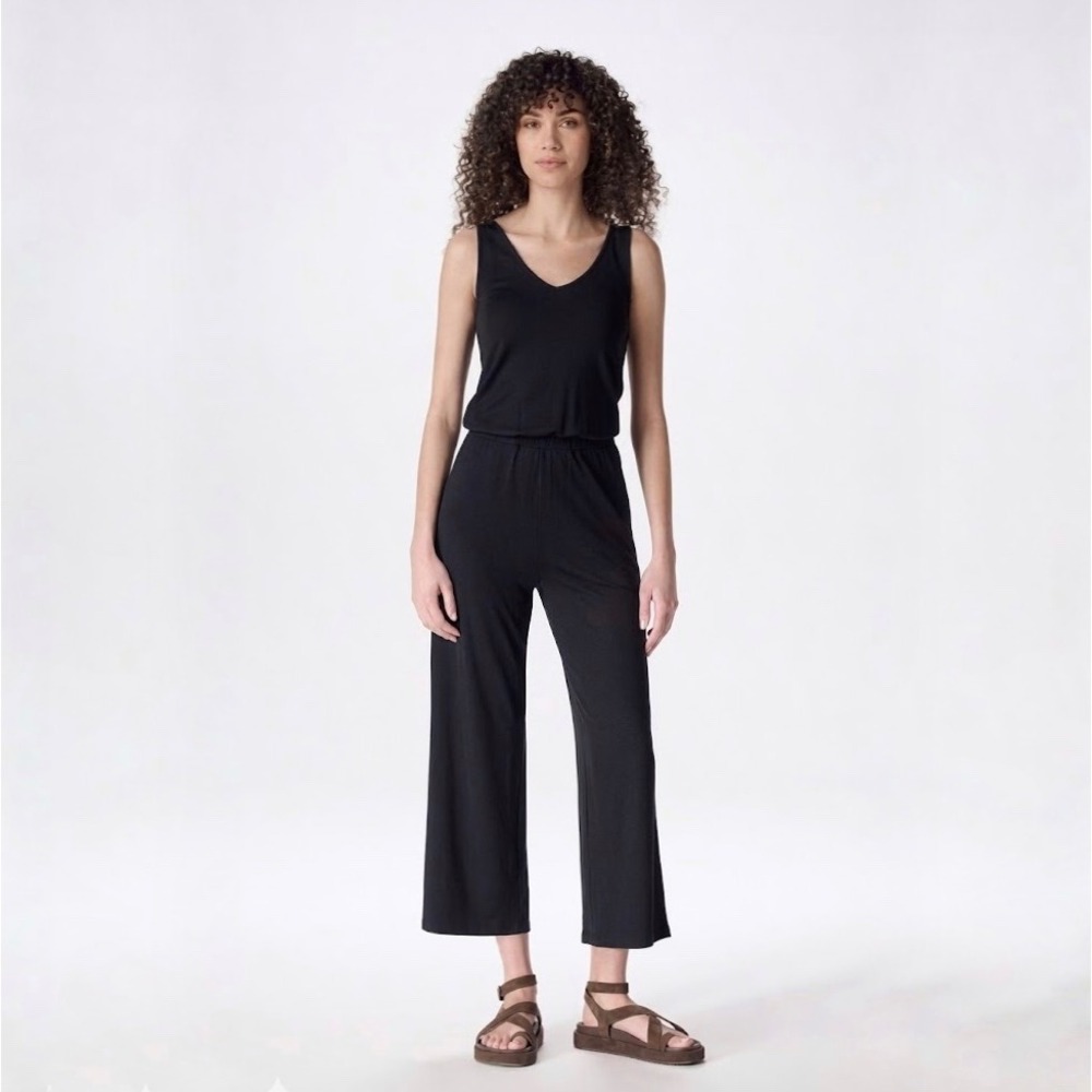 Unbound Merino | Travel Wide Leg Jumpsuit Black Merino Wool Tencel Size L